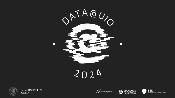 Banner for IT-konferanse, svart bakgrunn med illustrasjon av en alfakrøll. Tekst: DATA@UIO 2024.