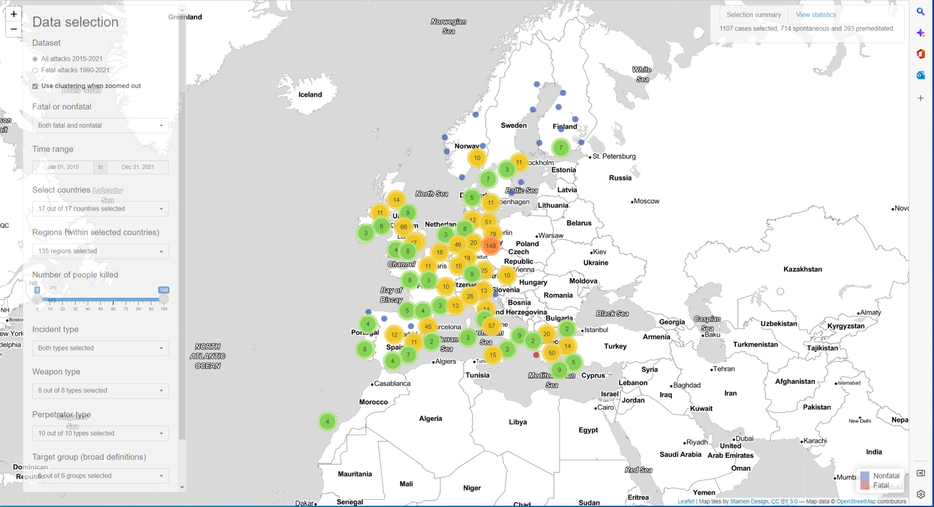 kart med geolokasjoner for høyreekstrem vold i EUropa