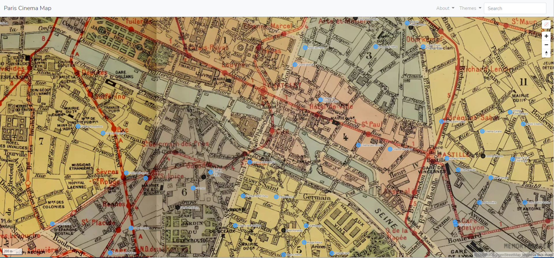 kart med geolokasjoner for kinoer i paris på 1920-tallet
